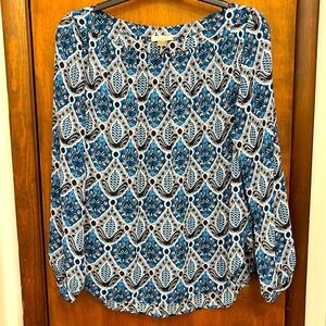 LOFT Boat-Neck Tunic Style Blouse, Blue Patterned, Size L